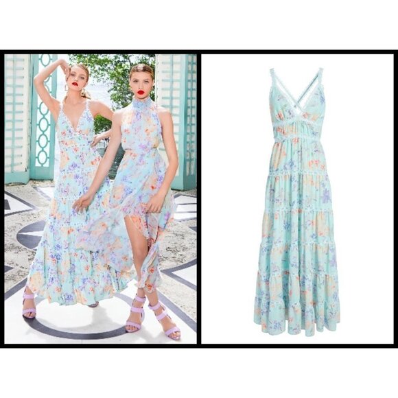 💕ALICE+OLIVIA Karolina Paneled Halter Maxi Dress - Picture 1 of 16